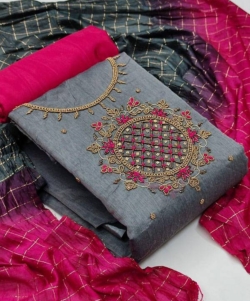 Chanderi handwork suit/patiyala material (Grey and Pink)