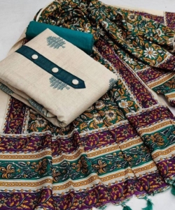 Hand block print cotton suit material with chanderi kalamkari dupatta