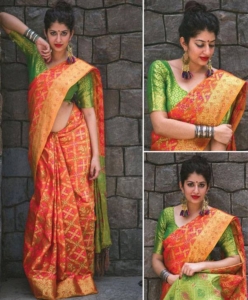 Patola saree with contrast pallu and brocade blouse piece