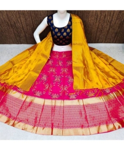 Banarasi Brocade silk lehenga Pink, Blue, Turmeric yellow