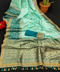Silk saree with embroidery codding sequence work with tassels on pallu