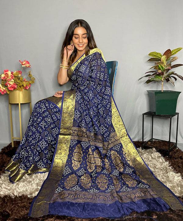 Navy Blue Embroidered Bandhani Saree in Gaji Silk – Khatri Jamnadas  Bechardas