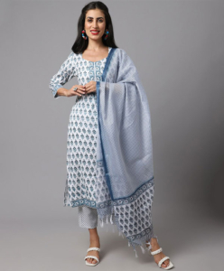 Cotton printed suit with pant and dupatta