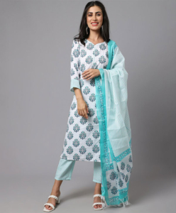 Cotton printed suit with pant and dupatta