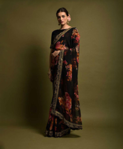 flower-print-chiffon-saree-black