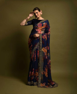 flower-print-chiffon-saree-blue