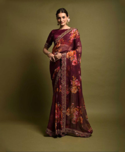 flower-print-chiffon-saree-maroon