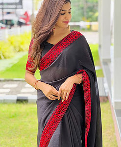 Beautiful Black Color Vichitra Silk Saree with Red Sequence Work