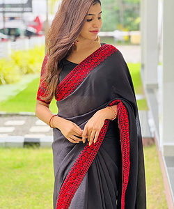 Beautiful Black Color Vichitra Silk Saree with Red Sequence Work