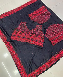 Beautiful Black Color Vichitra Silk Saree with Red Sequence Work