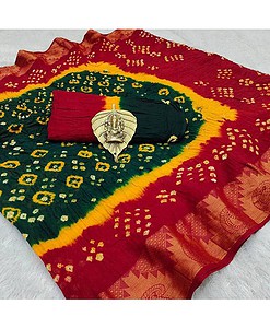 Pure bandhani cotton with big golden border saree