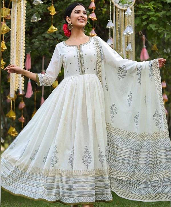 Buy Women White Chanderi Gold Foil Cap Sleeves Anarkali Dress Online at  Sassafras