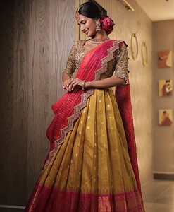 Golden zari copper pure heavy rich lehenga material with padding rich dupatta