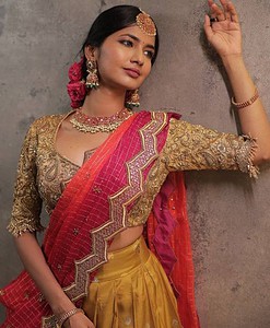 Golden zari copper pure heavy rich lehenga material with padding rich dupatta