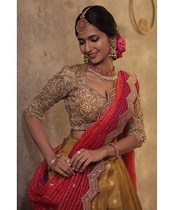 Golden zari copper pure heavy rich lehenga material with padding rich dupatta