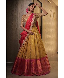 Golden zari copper pure heavy rich lehenga material with padding rich dupatta