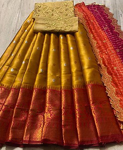 Golden zari copper pure heavy rich lehenga material with padding rich dupatta