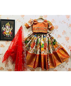 Soft banarasi silk kalamkari Digital print fully stitched lehenga