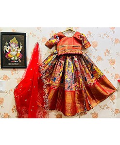 Soft banarasi silk kalamkari Digital print fully stitched lehenga