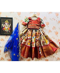 Soft banarasi silk kalamkari Digital print fully stitched lehenga