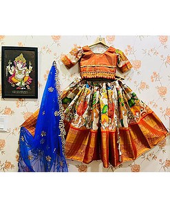 Soft banarasi silk kalamkari Digital print fully stitched lehenga