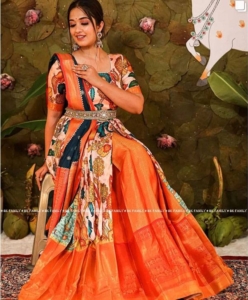 Premium Kanjivaram silk fabric with Zari butti & Kalamkari Digital Printed Lehenga best price