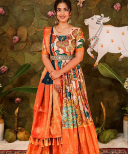 Premium Kanjivaram silk fabric with Zari butti & Kalamkari Digital Printed Lehenga