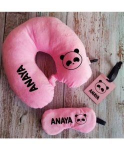 Flight travel accessories with personalised travel neck pillow, blind fold and a Bag tag combo