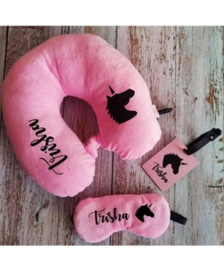 Flight travel accessories with personalised travel neck pillow, blind fold and a Bag tag combo