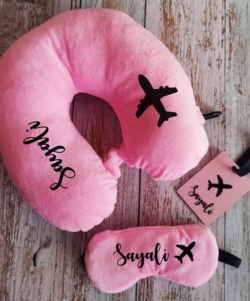 Flight travel accessories with personalised travel neck pillow, blind fold and a Bag tag combo