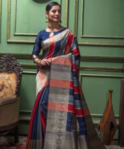 Pure Tussar Silk Saree with unique zari weaves pallu and multi-colour strips all over with Bishnoi broad Border