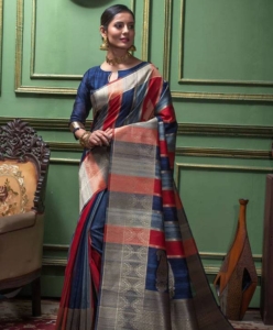 Pure Tussar Silk Saree with unique zari weaves pallu and multi-colour strips all over with Bishnoi broad Border