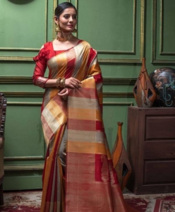 Pure Tussar Silk Saree with unique zari weaves pallu and multi-colour strips all over with Bishnoi broad Border