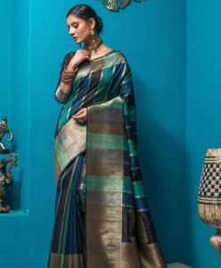 Pure Tussar Silk Saree with unique zari weaves pallu and multi-colour strips all over with Bishnoi broad Border