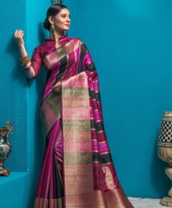 Pure Tussar Silk Saree with unique zari weaves pallu and multi-colour strips all over with Bishnoi broad Border