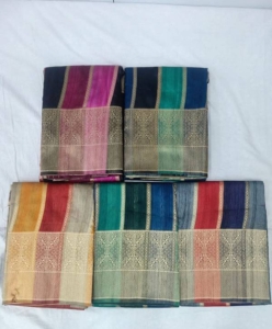 Pure Tussar Silk Saree with unique zari weaves pallu and multi-colour strips all over with Bishnoi broad Border