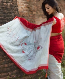 Dussehra Special Red Devi Plain Linen Digital Print Saree