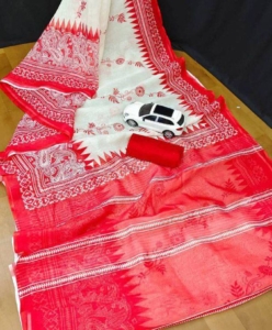 Dussehra Special Red Devi Plain Linen Digital Print Saree