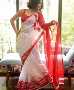 Dussehra Special Red Devi Plain Linen Digital Print Saree