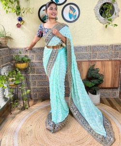 Sky Blue Premium Georgette Saree, Sequence saree Wedding dress