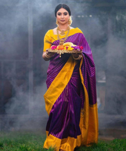Banarasi Silk Saree With Yellow Color Blouse Golden Zari Work