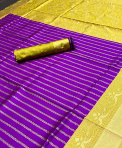 Purple Color Latest Design Soft Banarasi Silk Saree With Yellow Color Blouse Golden Zari Work