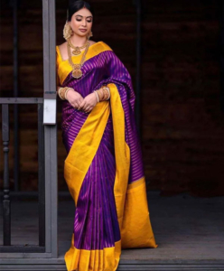 Purple Color Latest Design Soft Banarasi Silk Saree With Yellow Color Blouse Golden Zari Work