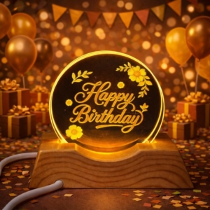 Happy Birthday Acrylic LED Lamp with Wooden Base