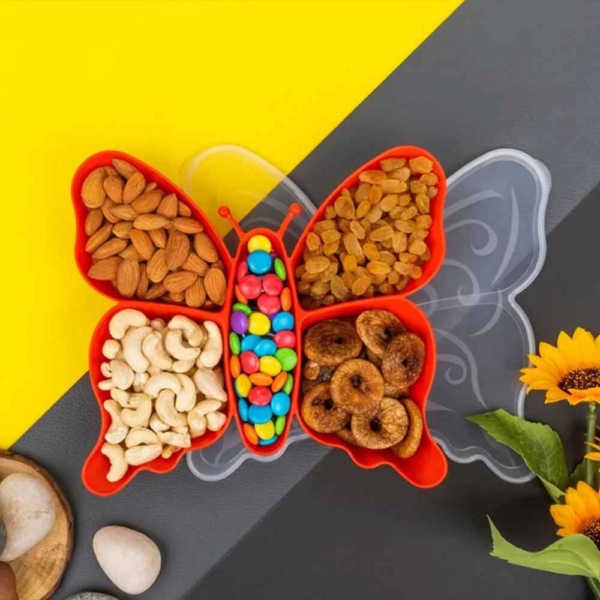 5 Compartment Butterfly Plastic Tray, Multipurpose Butterfly Shaped Snacks and Beverages Serving Tray Masala Spice Box (1 Pc