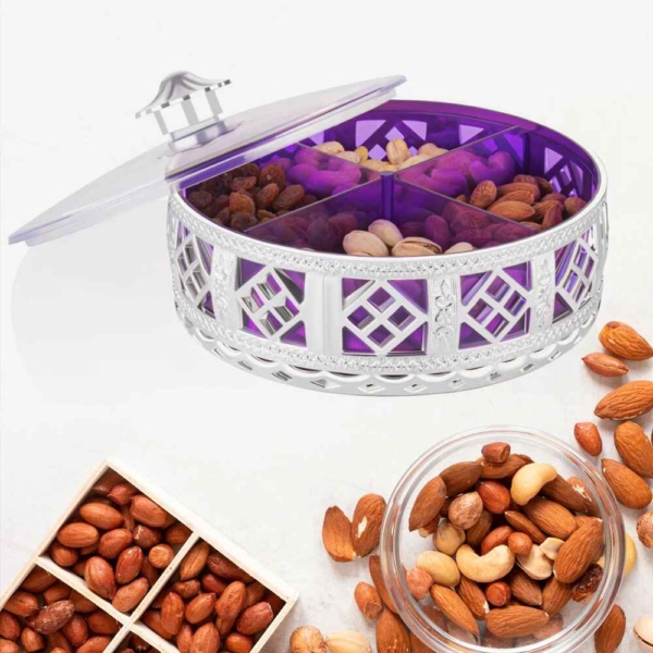 Multipurpose Dry Fruit Box 4 Section Dry Fruit Round Silver Gift Box Special Gifts for Friends / Relatives, birthday Gift, Diwali (1 Pc)
