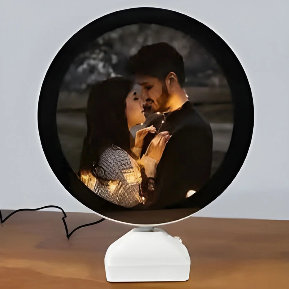 Customized Round LED mirror Photo Frame Lamp with White Base – Personalized Night Light for Couples with Glowing Effect – Romantic Tabletop Décor Gift for Anniversaries, Weddings, Valentine's Day & Special Occasions