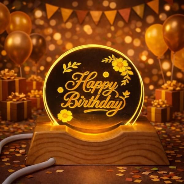 Happy Birthday Acrylic LED Lamp with Wooden Base